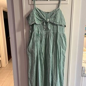 Green White Striped Cami Tank Top Sleeveless Dress Midi Bow Tie Front Beachy